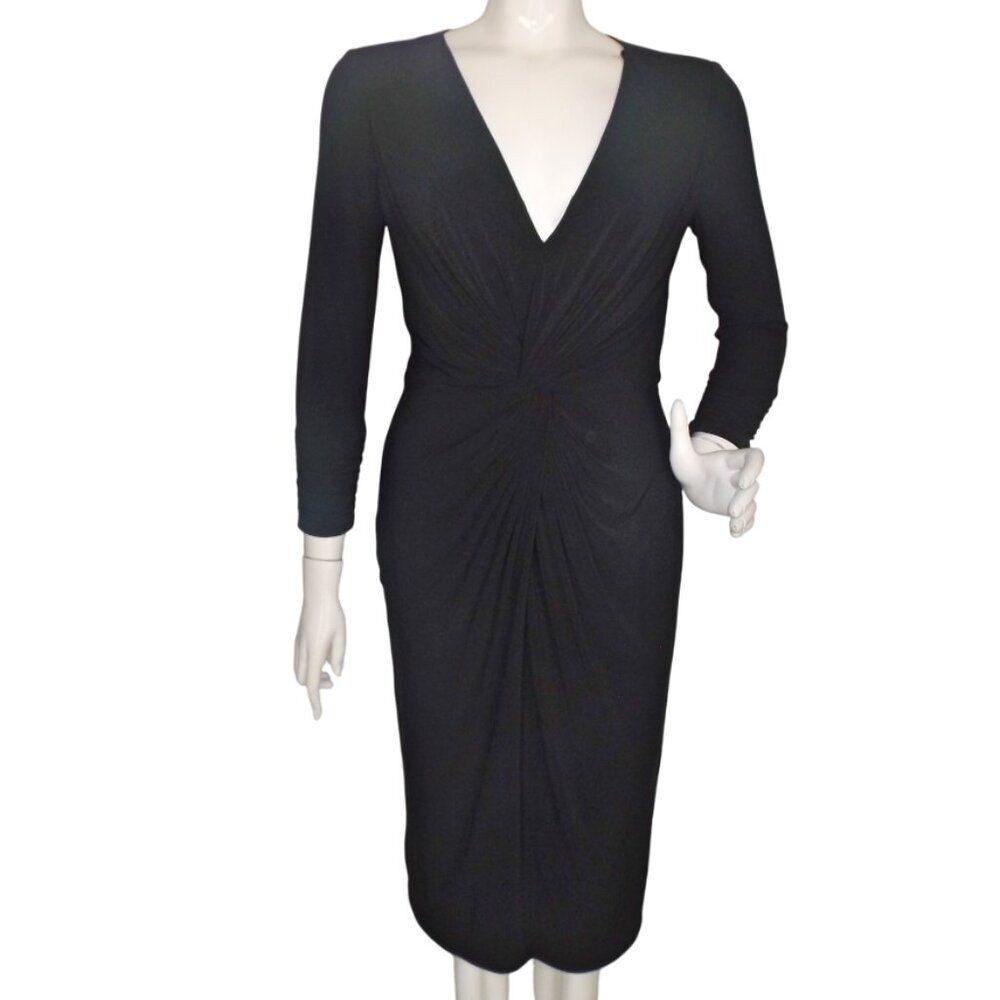 TADASHI COLLECTION Dress, M, Black, Twist Front, Ruched bracelet sleeves, V-neck